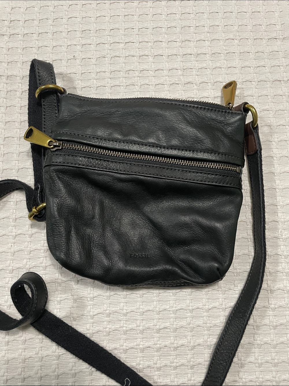 Fossil Black Leather Crossbody Bag with Brass Hardware
